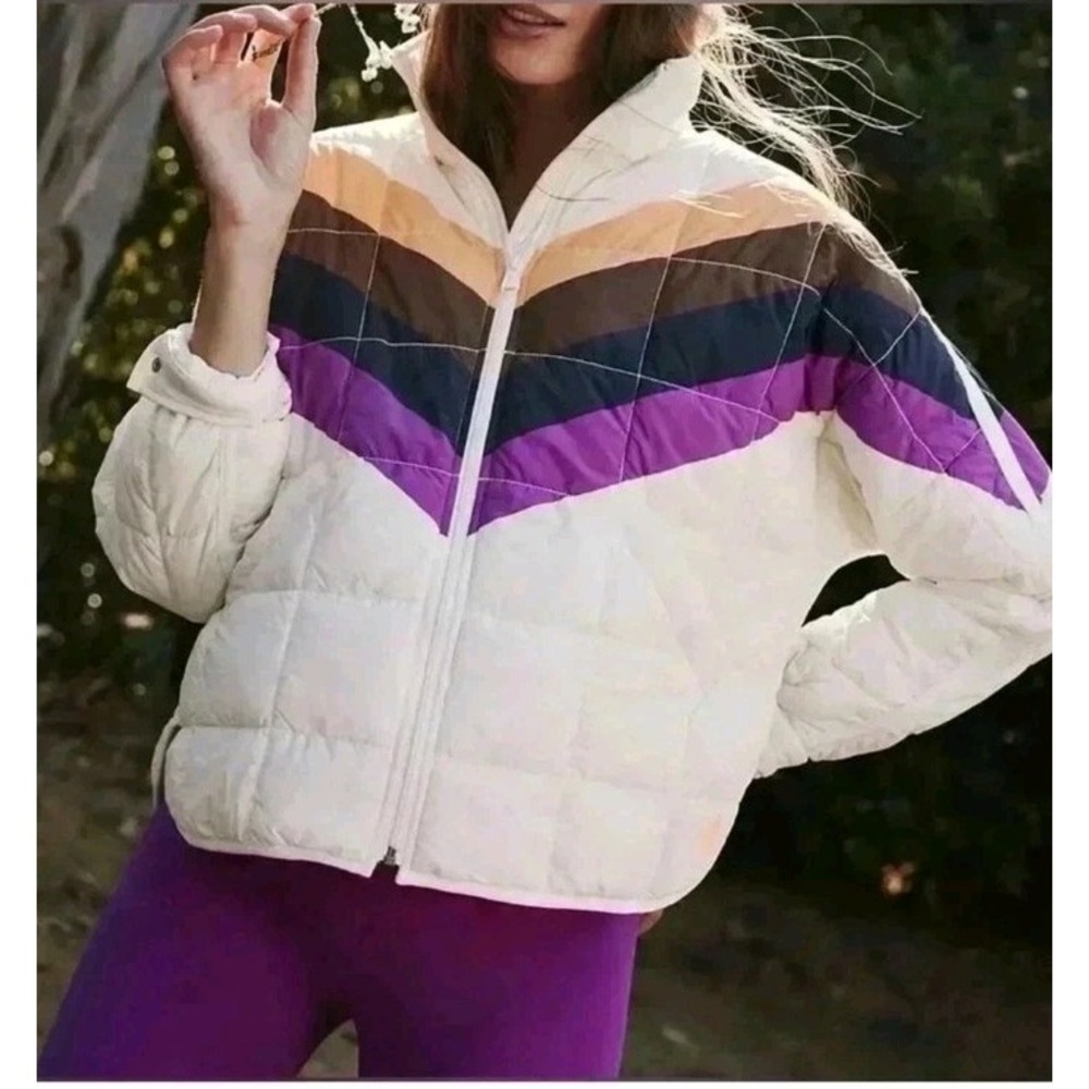 Free People FP Movement Pippa Packable Puffer Jacket Ivory Chevron Small NEW